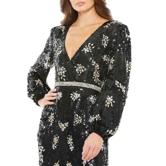 Mac Duggal Black 93616 Bishop Long Sleeve V Neck Sequin Gown Size 8 NWT - Picture 3 of 11